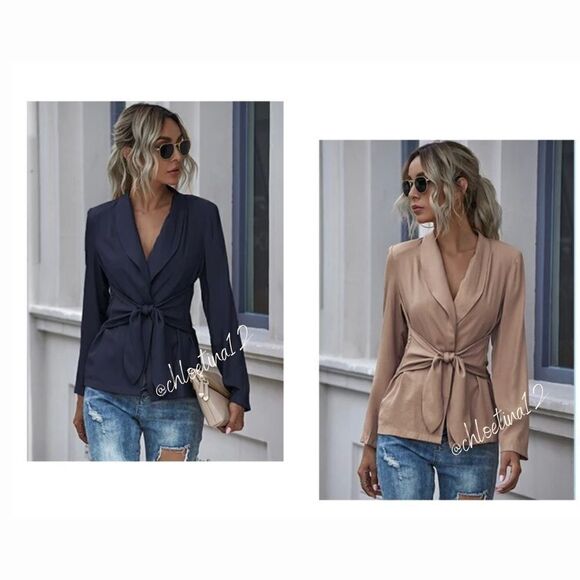 Women's V Neck Blazer Jacket Self Tie Knot Navy Blue or Khaki - Picture 1 of 10